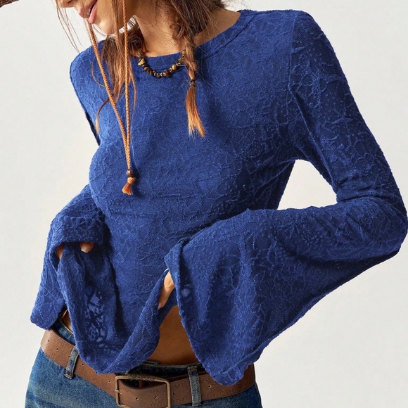 Solid lace Fitted Long Bell Sleeve Top - Picture 2 of 8